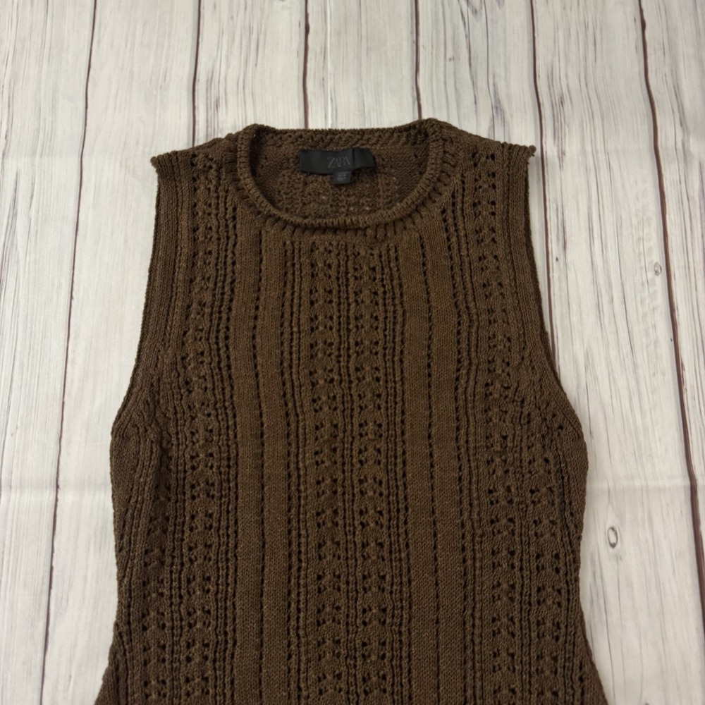Zara Crochet Knit Mini Dress Brown Size Small Women's Sexy Summer‎ - Picture 3 of 13